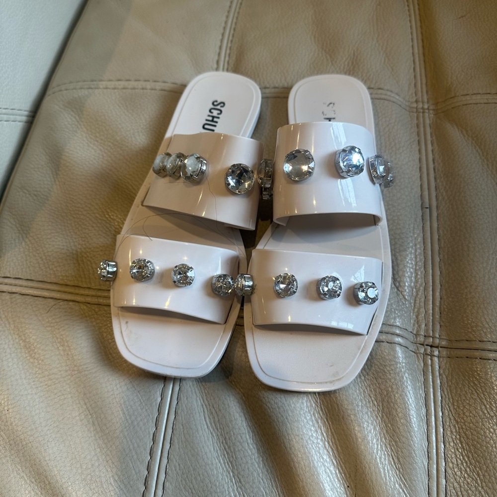Use lSchutz White Slide Sandals with Gem Accents